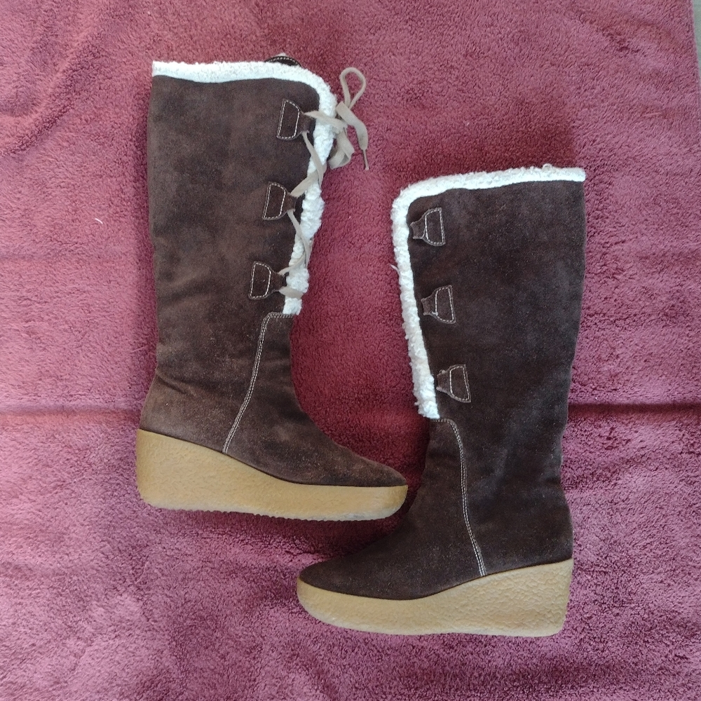 Michael Kors Brown Suede Sheepskin Lace Up Wedge Knee High Boots Size 7.5M - Picture 2 of 10
